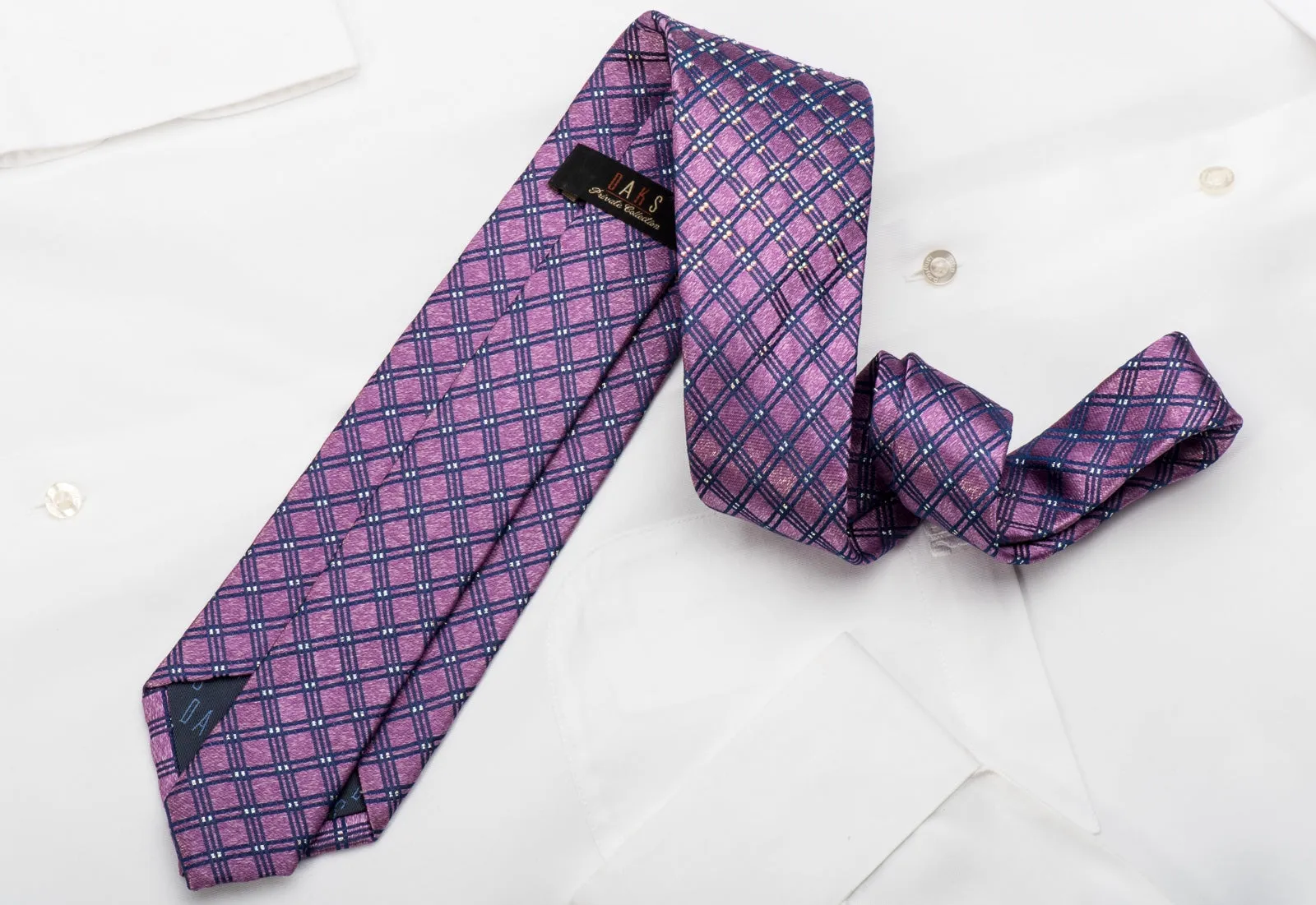 Daks Rhinestone Silk Necktie Blue Mauve Checkered With Silver Sparkles