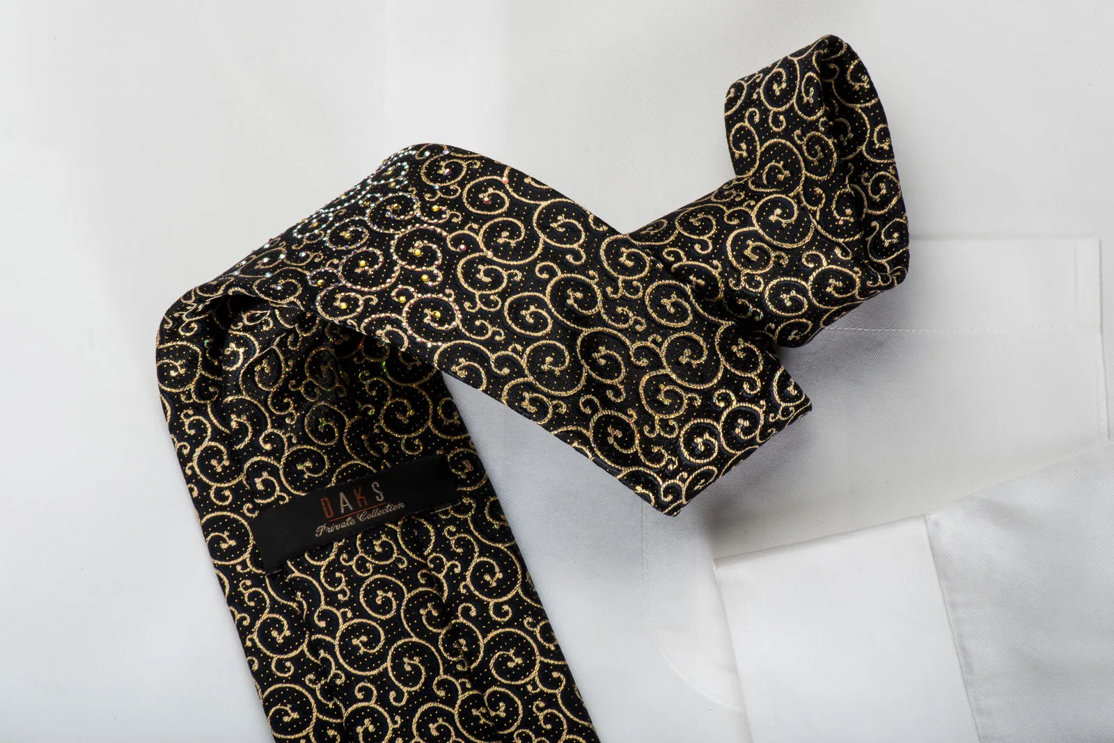 Daks Rhinestone Silk Necktie Golden Scrolls On Black With Gold Sparkles