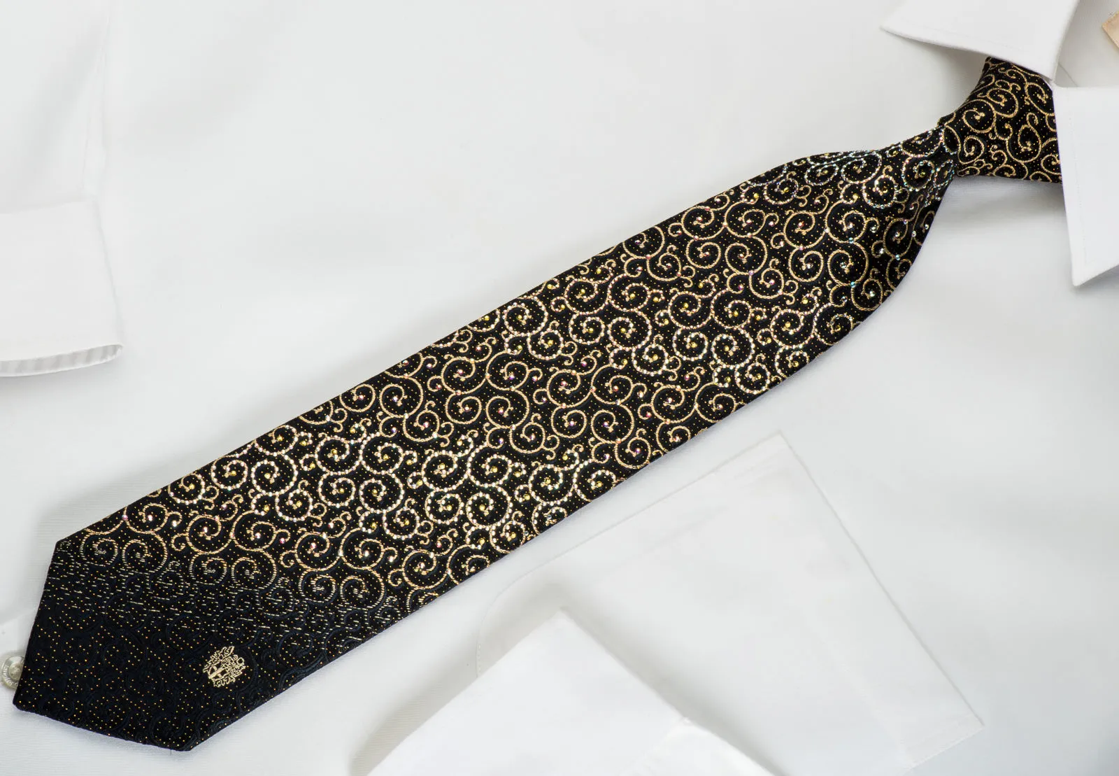 Daks Rhinestone Silk Necktie Golden Scrolls On Black With Gold Sparkles