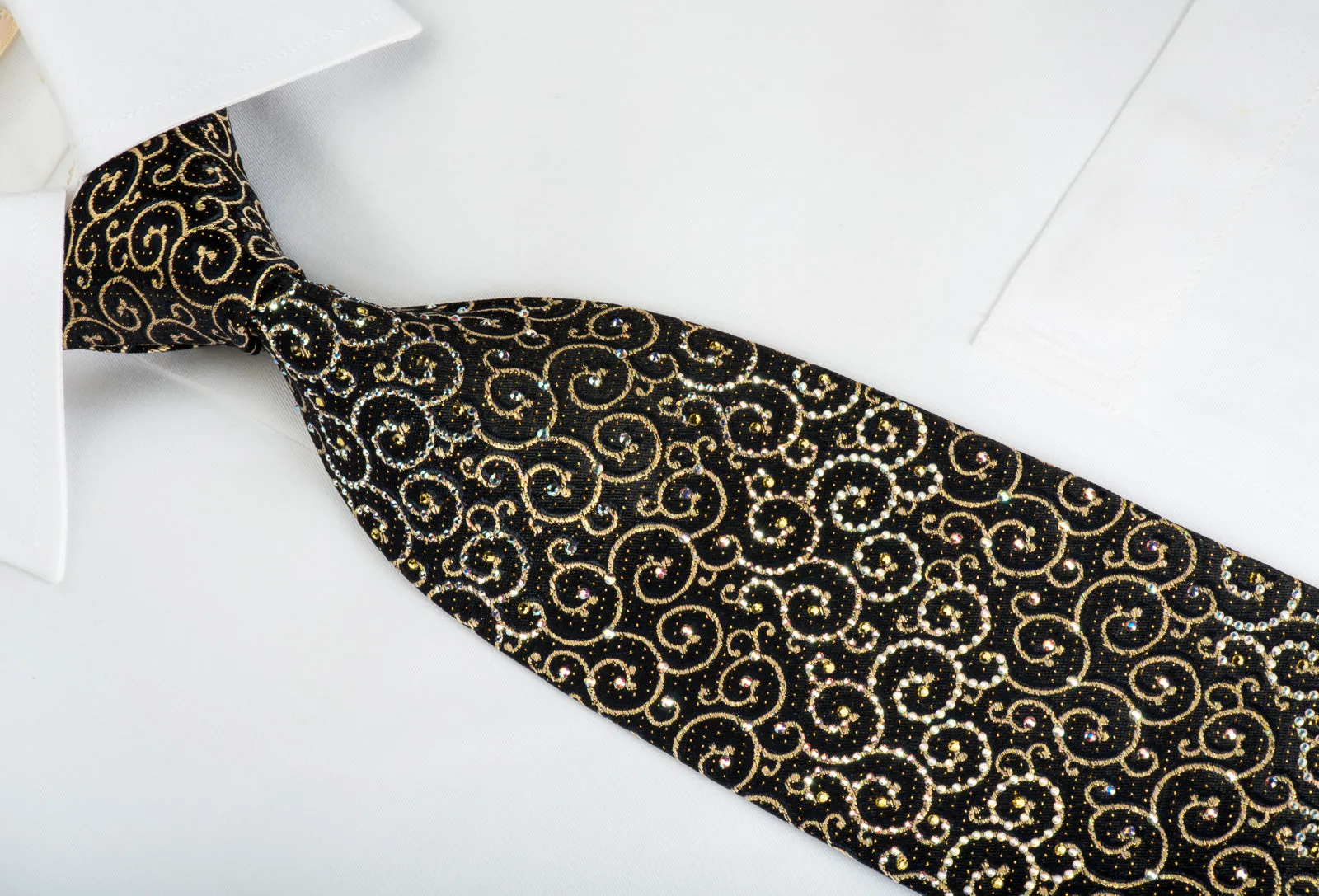 Daks Rhinestone Silk Necktie Golden Scrolls On Black With Gold Sparkles