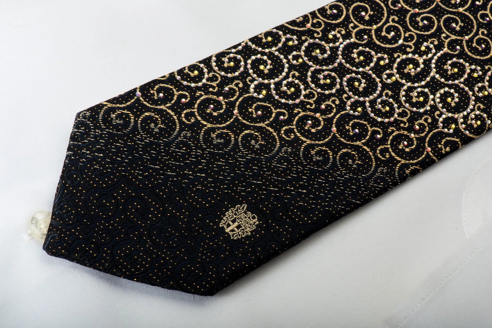 Daks Rhinestone Silk Necktie Golden Scrolls On Black With Gold Sparkles