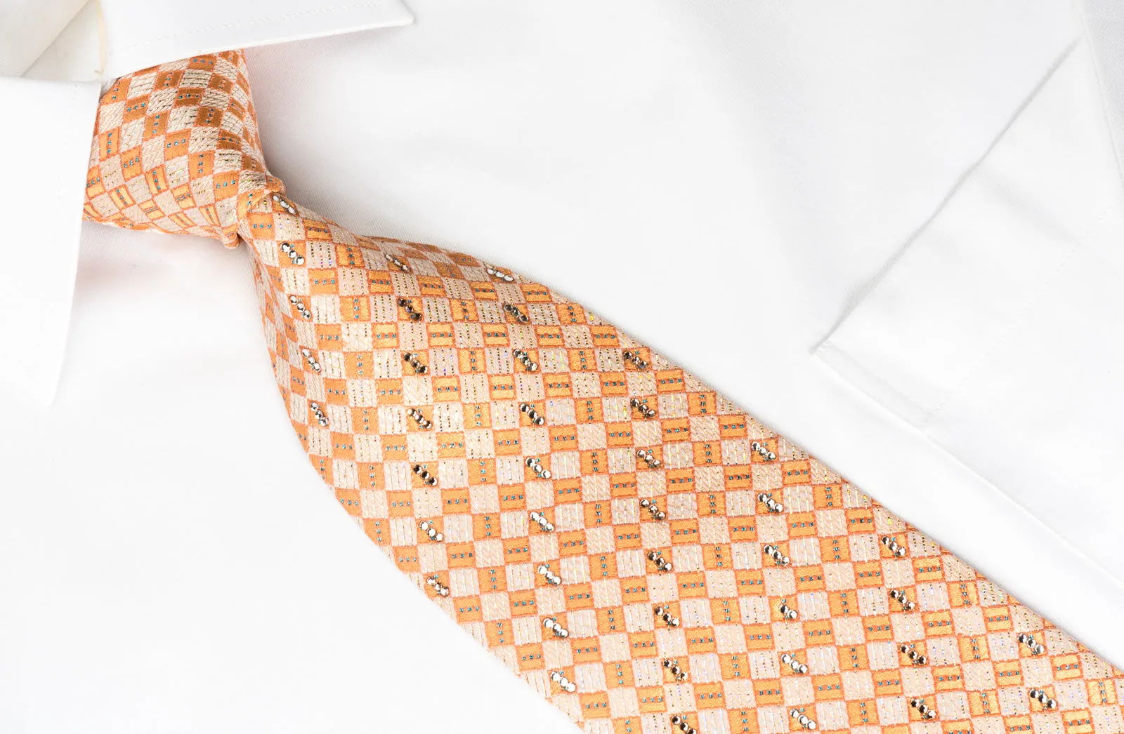 Daks Rhinestone Silk Necktie Silver Orange Checker With Silver Sparkles