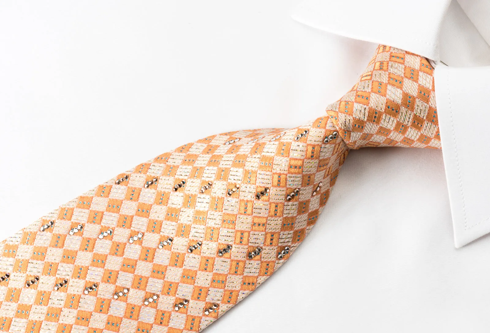 Daks Rhinestone Silk Necktie Silver Orange Checker With Silver Sparkles