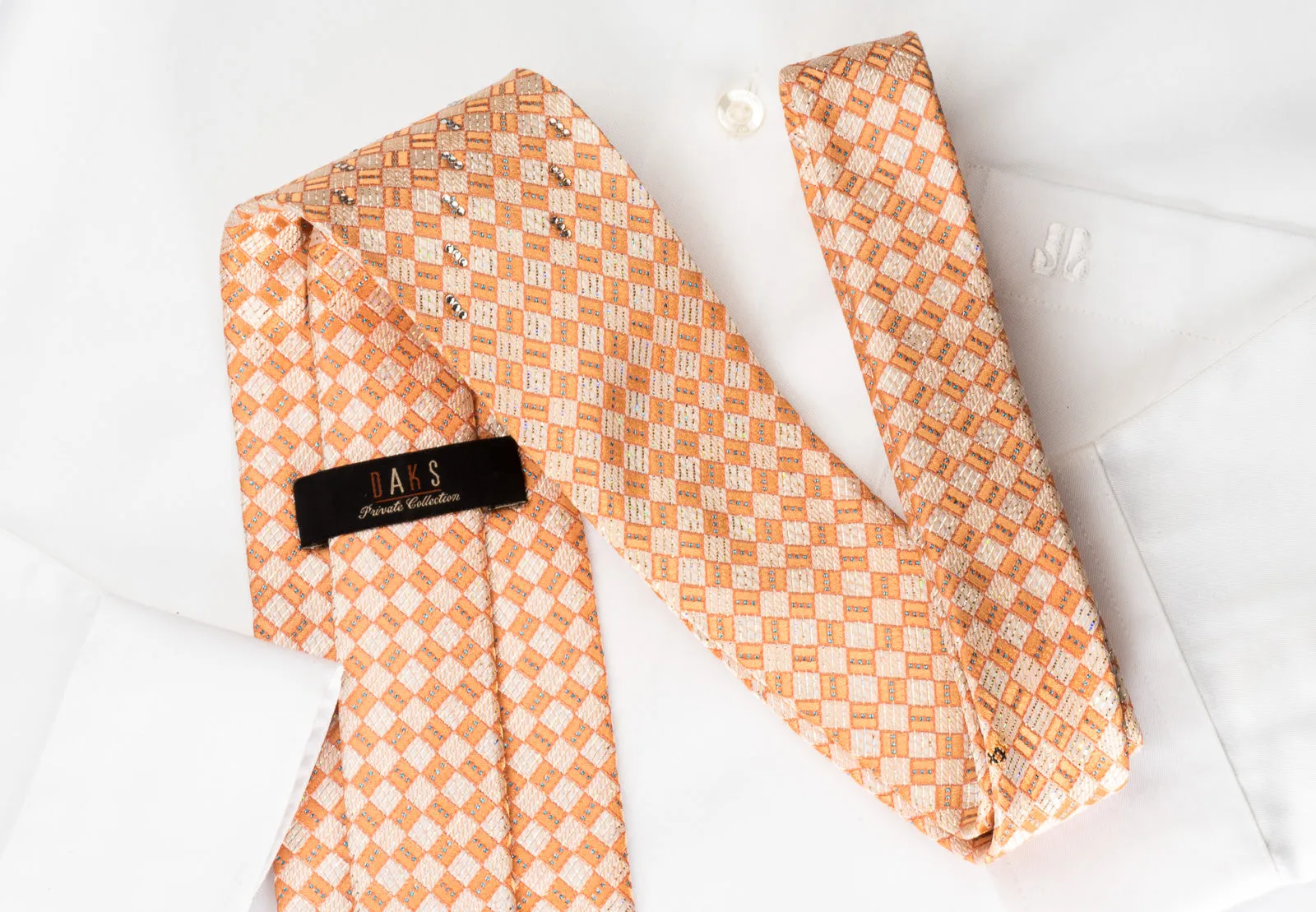 Daks Rhinestone Silk Necktie Silver Orange Checker With Silver Sparkles