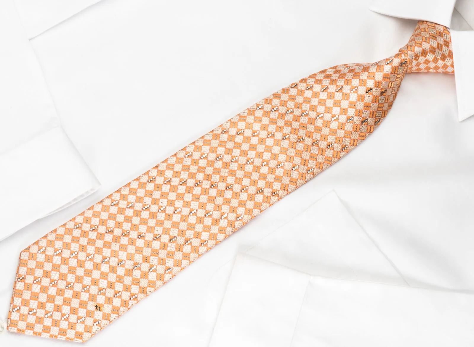 Daks Rhinestone Silk Necktie Silver Orange Checker With Silver Sparkles