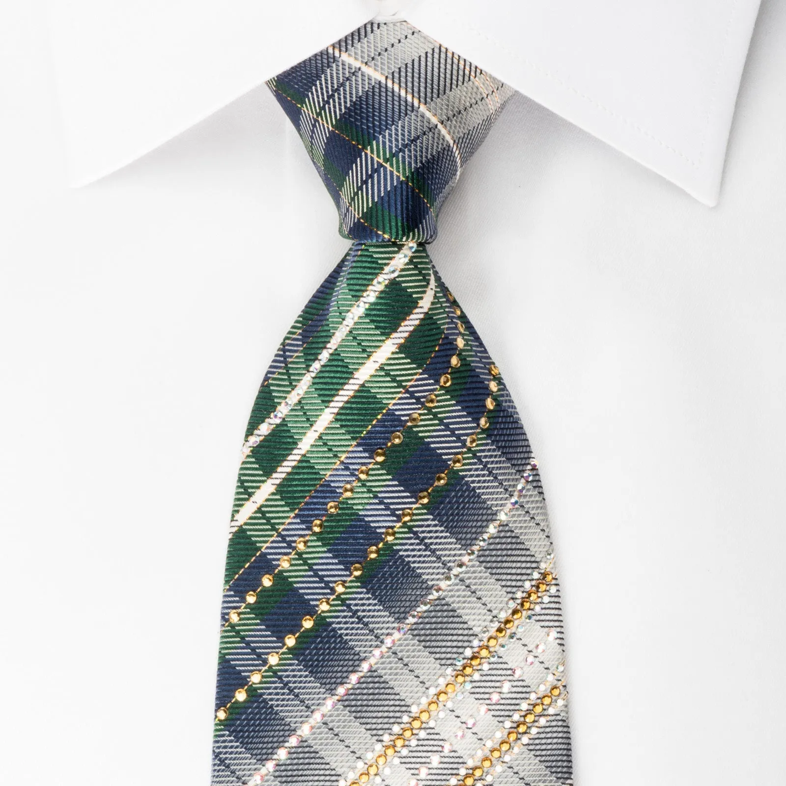 Daks Silk Rhinestone Necktie Green Blue Plaid With Gold Sparkles