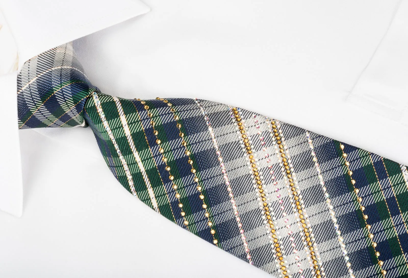 Daks Silk Rhinestone Necktie Green Blue Plaid With Gold Sparkles