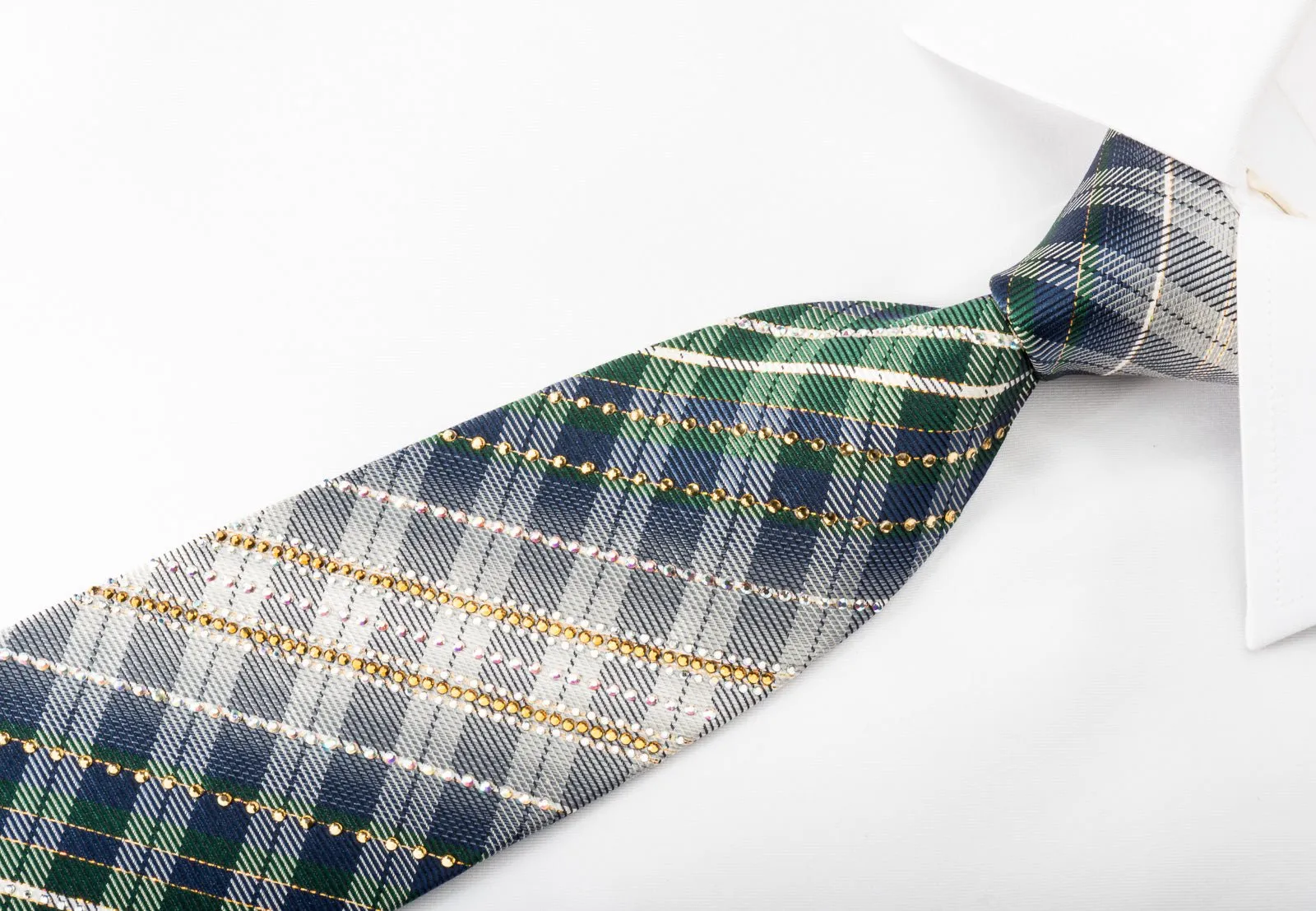 Daks Silk Rhinestone Necktie Green Blue Plaid With Gold Sparkles