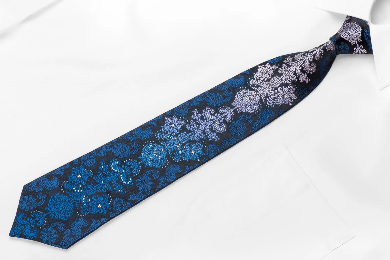 Daniel Hechter Men's Crystal Necktie Blue Purple Damask On Black Sparkling With Rhinestones