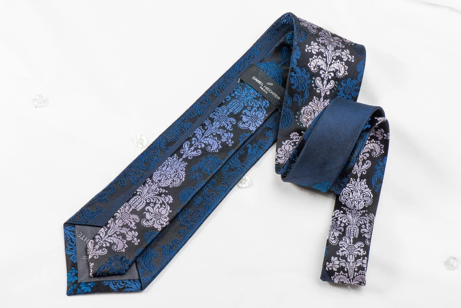 Daniel Hechter Men's Crystal Necktie Blue Purple Damask On Black Sparkling With Rhinestones