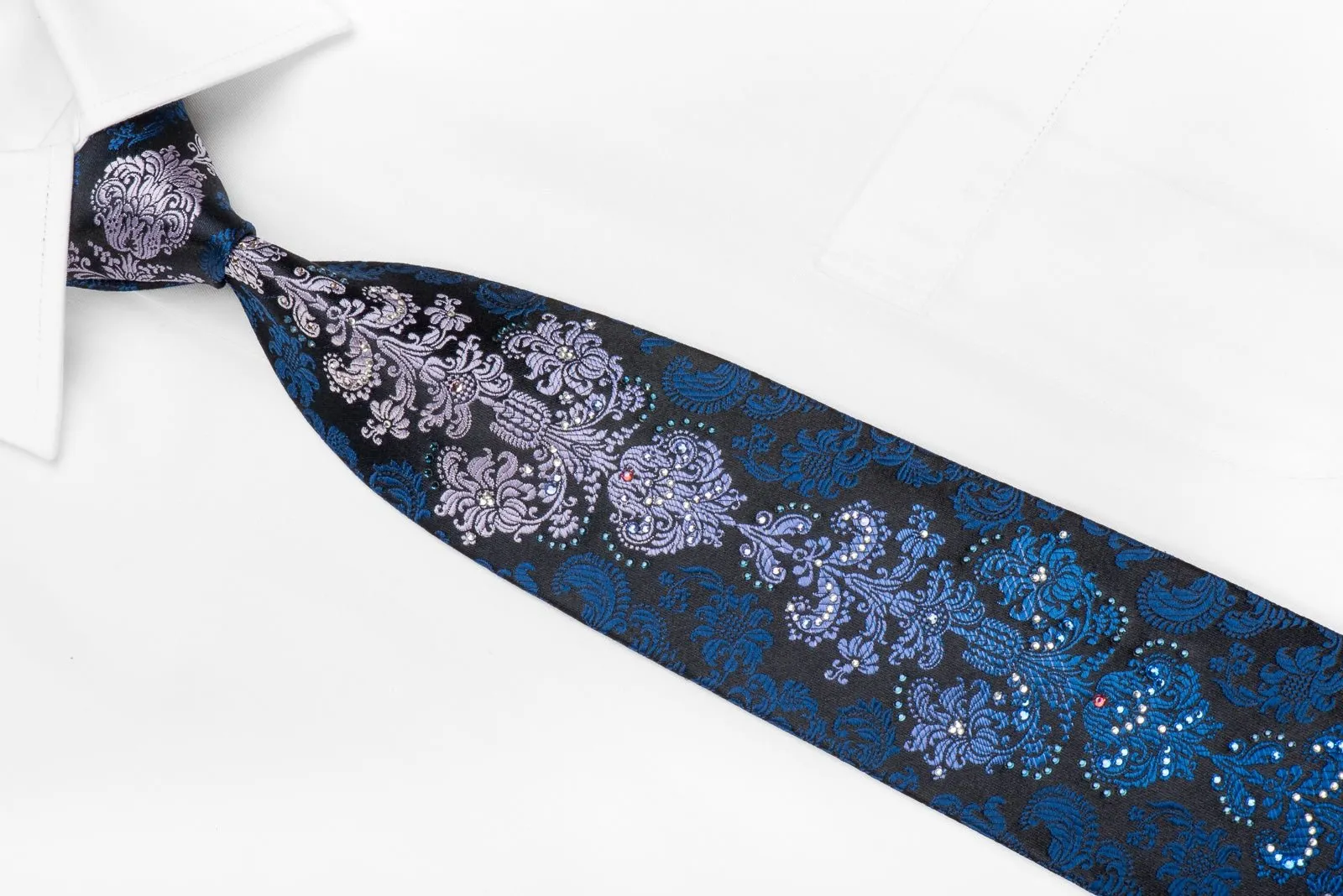 Daniel Hechter Men's Crystal Necktie Blue Purple Damask On Black Sparkling With Rhinestones