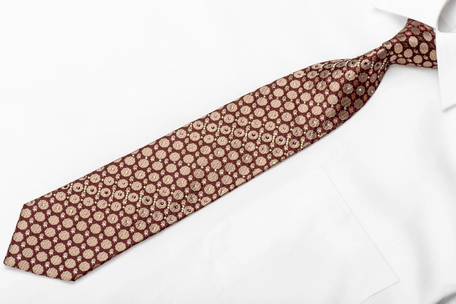 Daniel Hechter Men's Crystal Silk Tie Golden Geometric Monogram On Burgundy With Sparkles