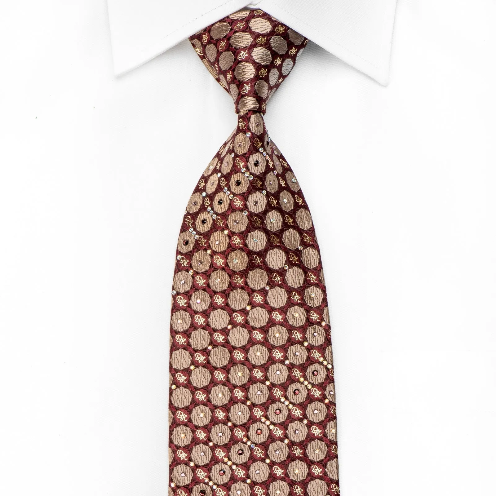 Daniel Hechter Men's Crystal Silk Tie Golden Geometric Monogram On Burgundy With Sparkles