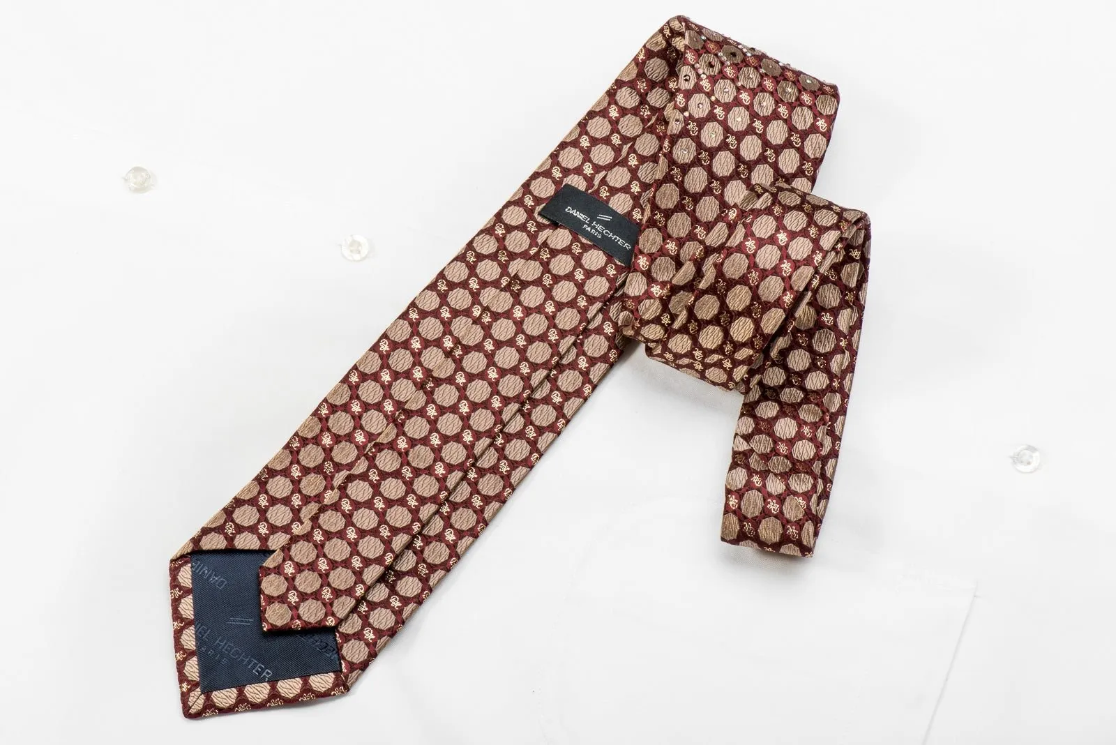 Daniel Hechter Men's Crystal Silk Tie Golden Geometric Monogram On Burgundy With Sparkles