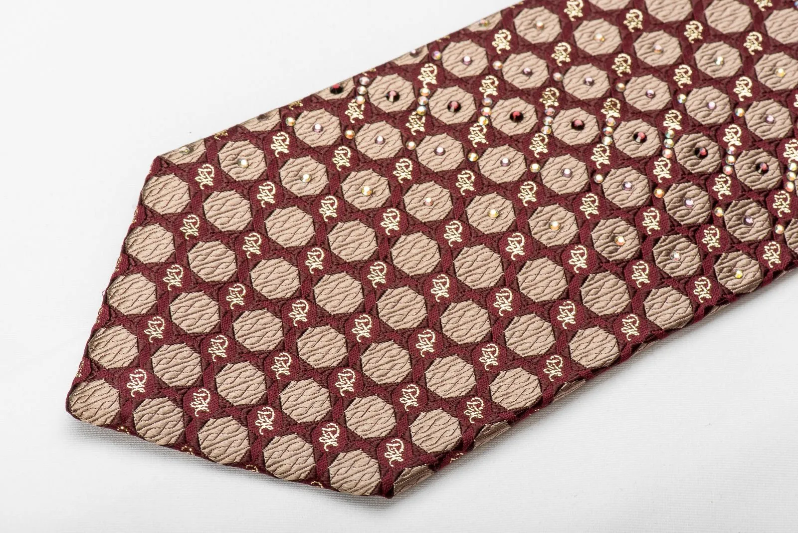 Daniel Hechter Men's Crystal Silk Tie Golden Geometric Monogram On Burgundy With Sparkles