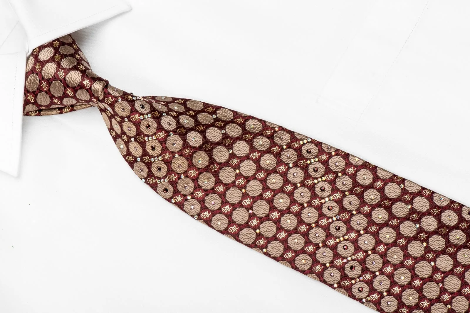 Daniel Hechter Men's Crystal Silk Tie Golden Geometric Monogram On Burgundy With Sparkles