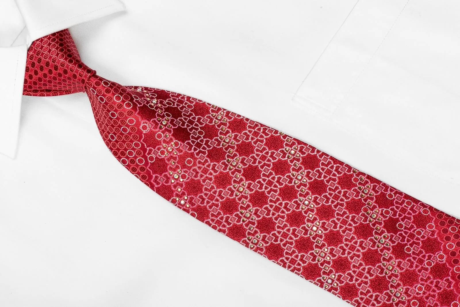 Elegance Mens Crystal Silk Necktie Geometric On Red With Silver Sparkles