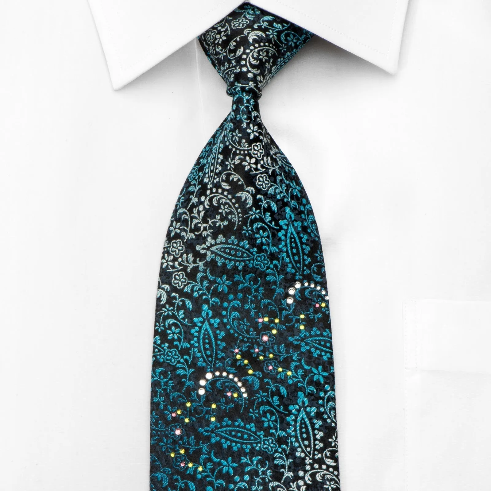 Elegance Men's Silk Necktie Acanthus On Blue Sparkling With Crystal Rhinestones