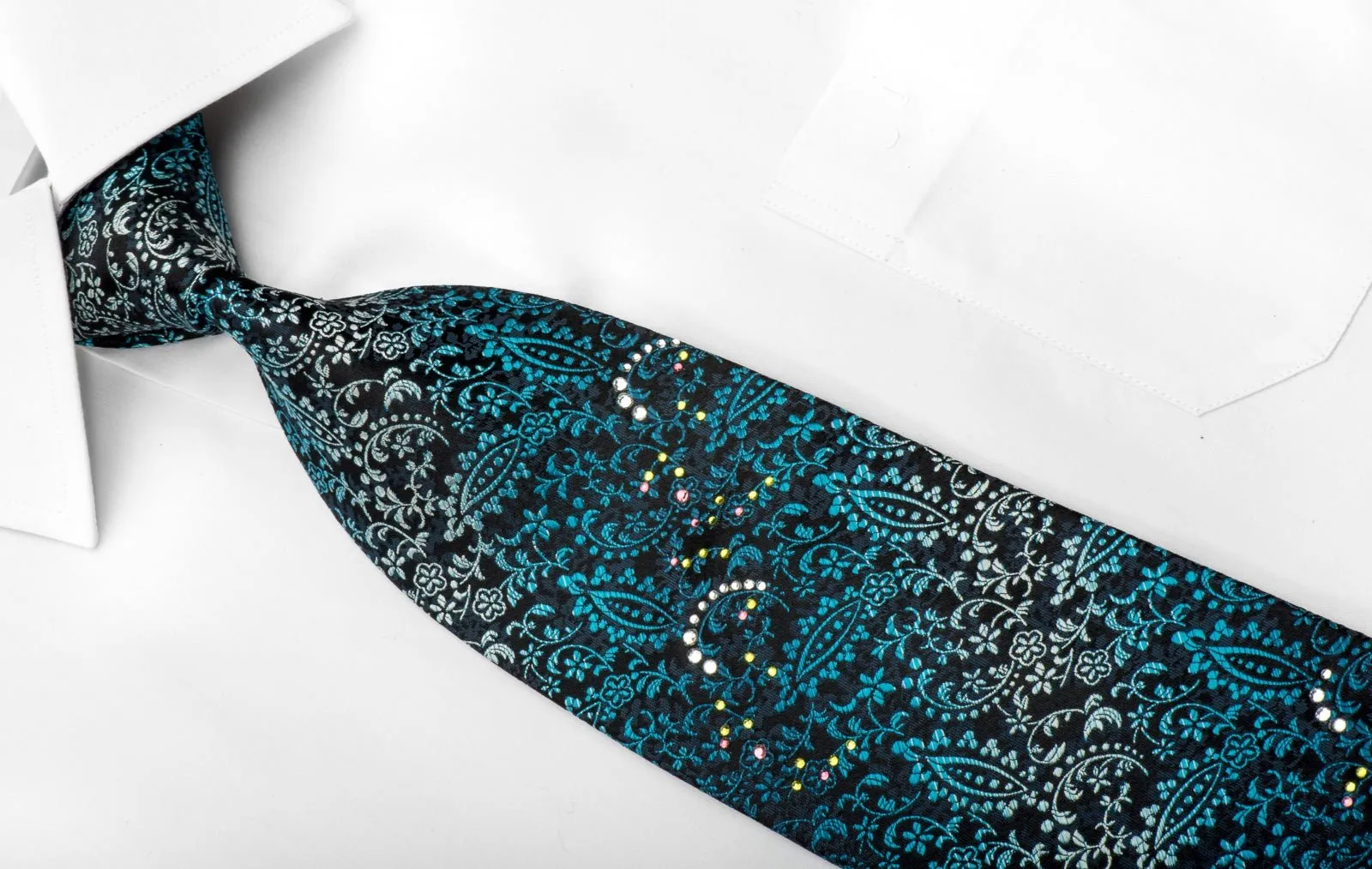 Elegance Men's Silk Necktie Acanthus On Blue Sparkling With Crystal Rhinestones