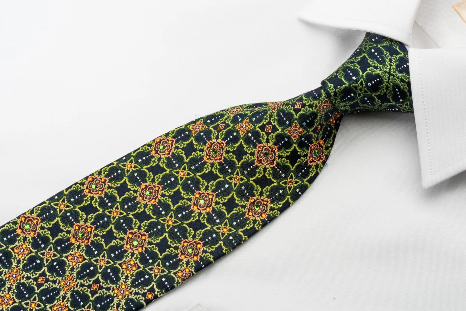 Elle Homme Rhinestone Necktie Green Marrakesh On Dark Blue With Silver Sparkles