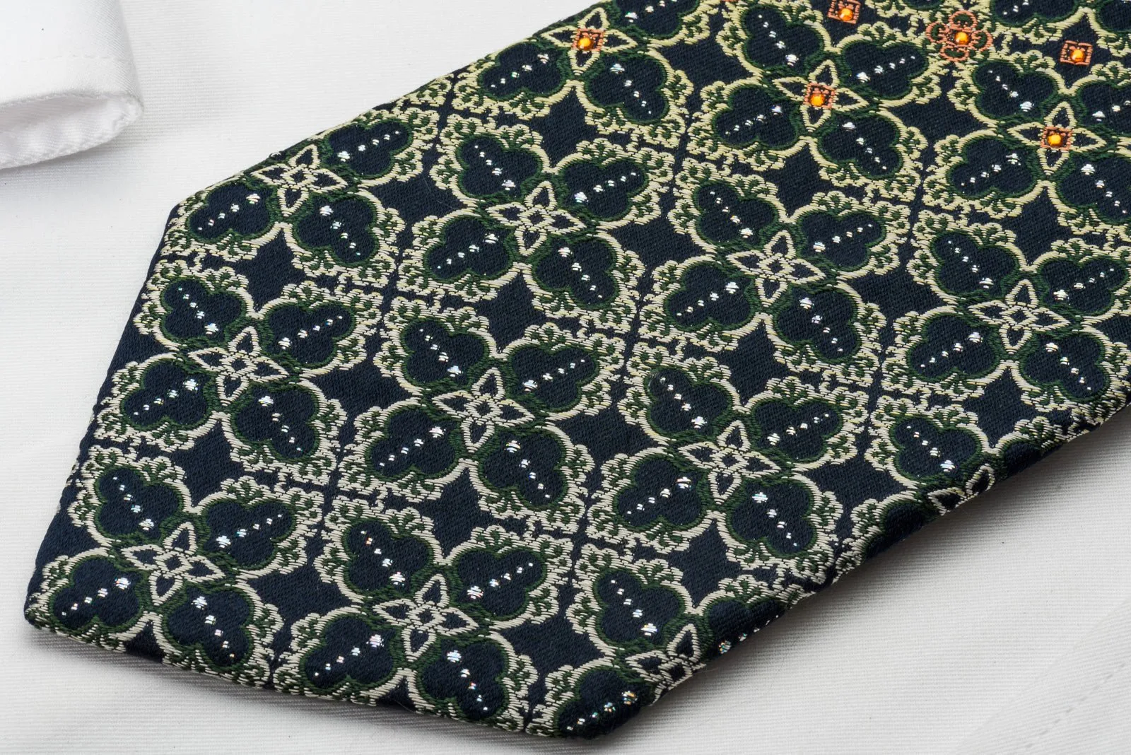 Elle Homme Rhinestone Necktie Green Marrakesh On Dark Blue With Silver Sparkles