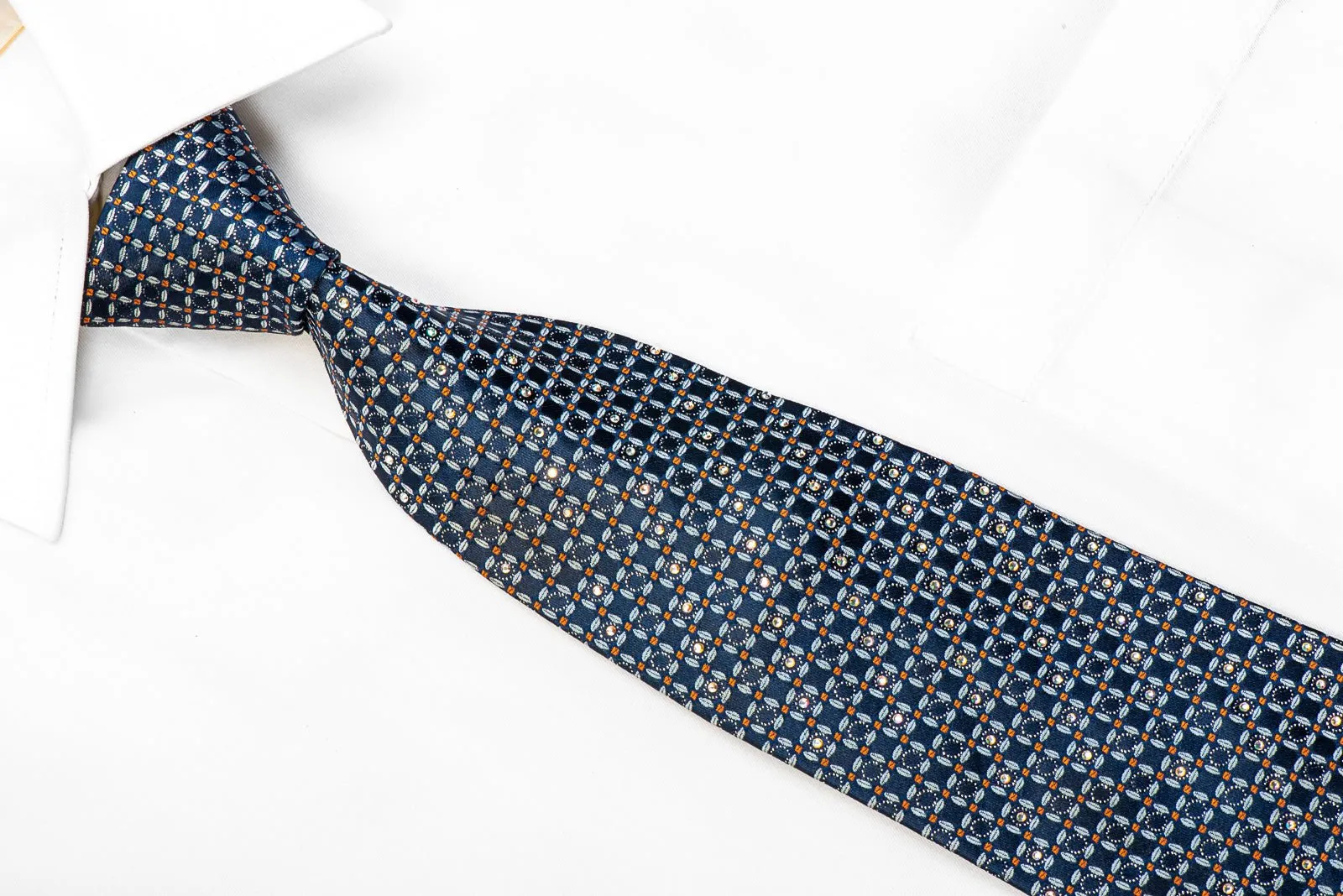 Elle Homme Rhinestone Silk Tie Trellis On Blue With Silver Sparkles