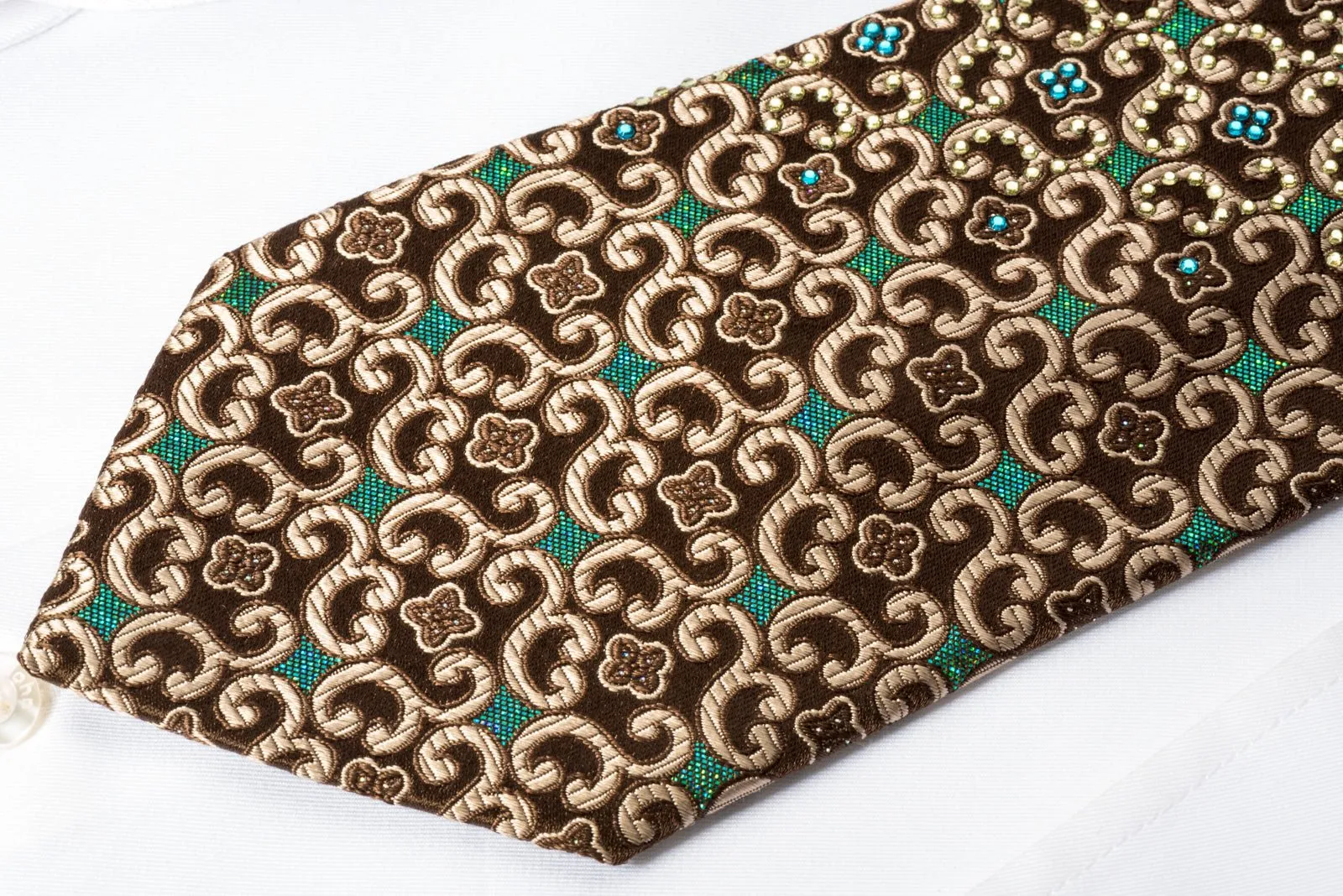 Elle Homme Silk Rhinestone Necktie Golden Scrolls On Brown With Blue Sparkles