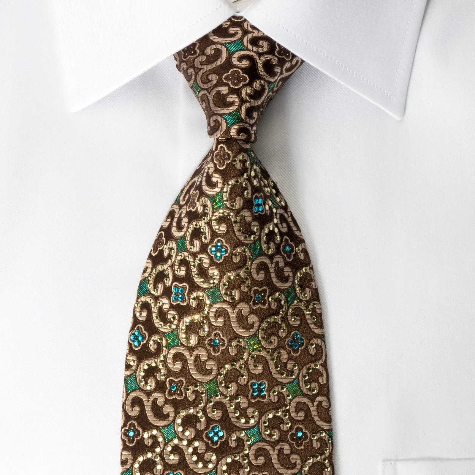 Elle Homme Silk Rhinestone Necktie Golden Scrolls On Brown With Blue Sparkles