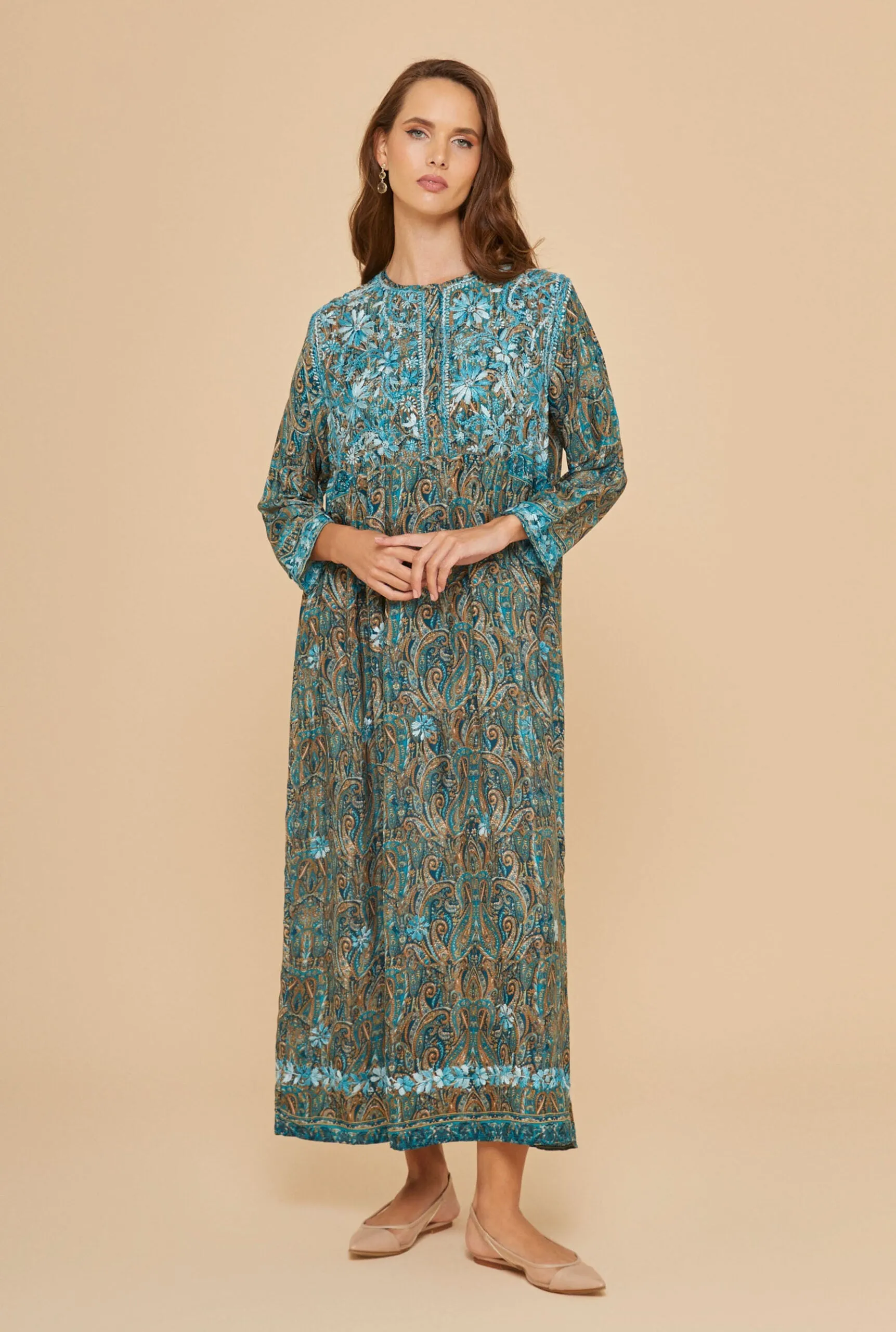 Embroidered Chikankari Boteh Green Kaftan