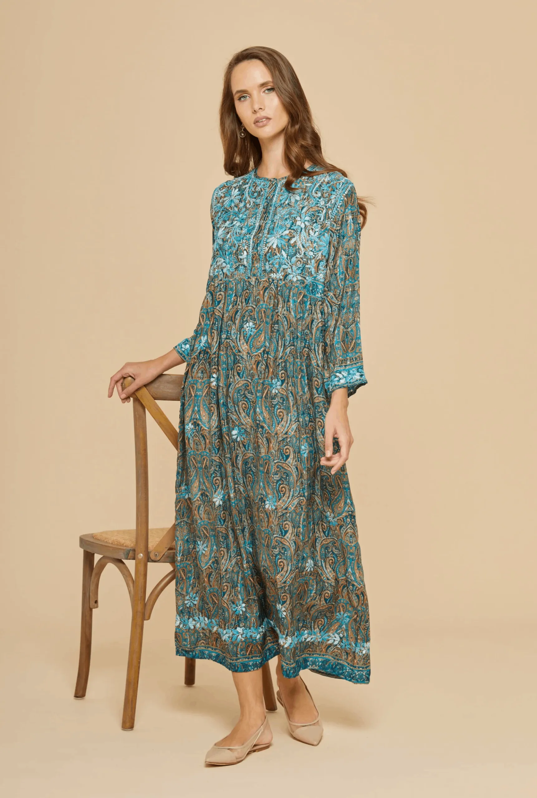 Embroidered Chikankari Boteh Green Kaftan