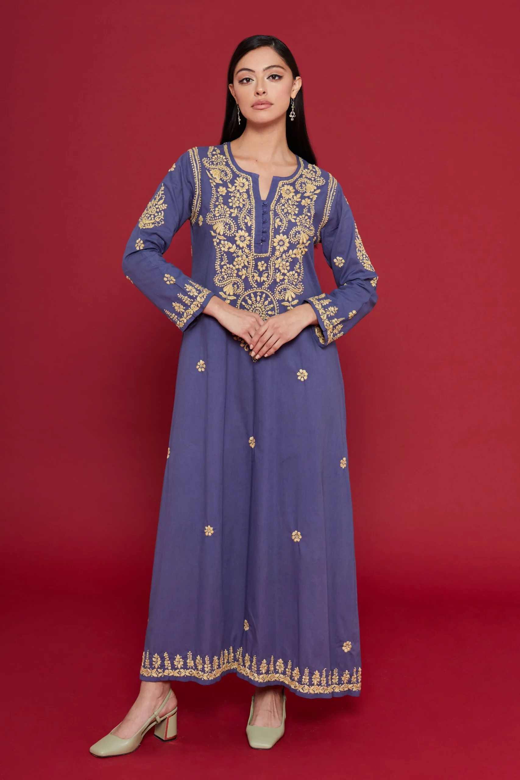 Embroidered Chikankari Kaftan in Bijou Blue