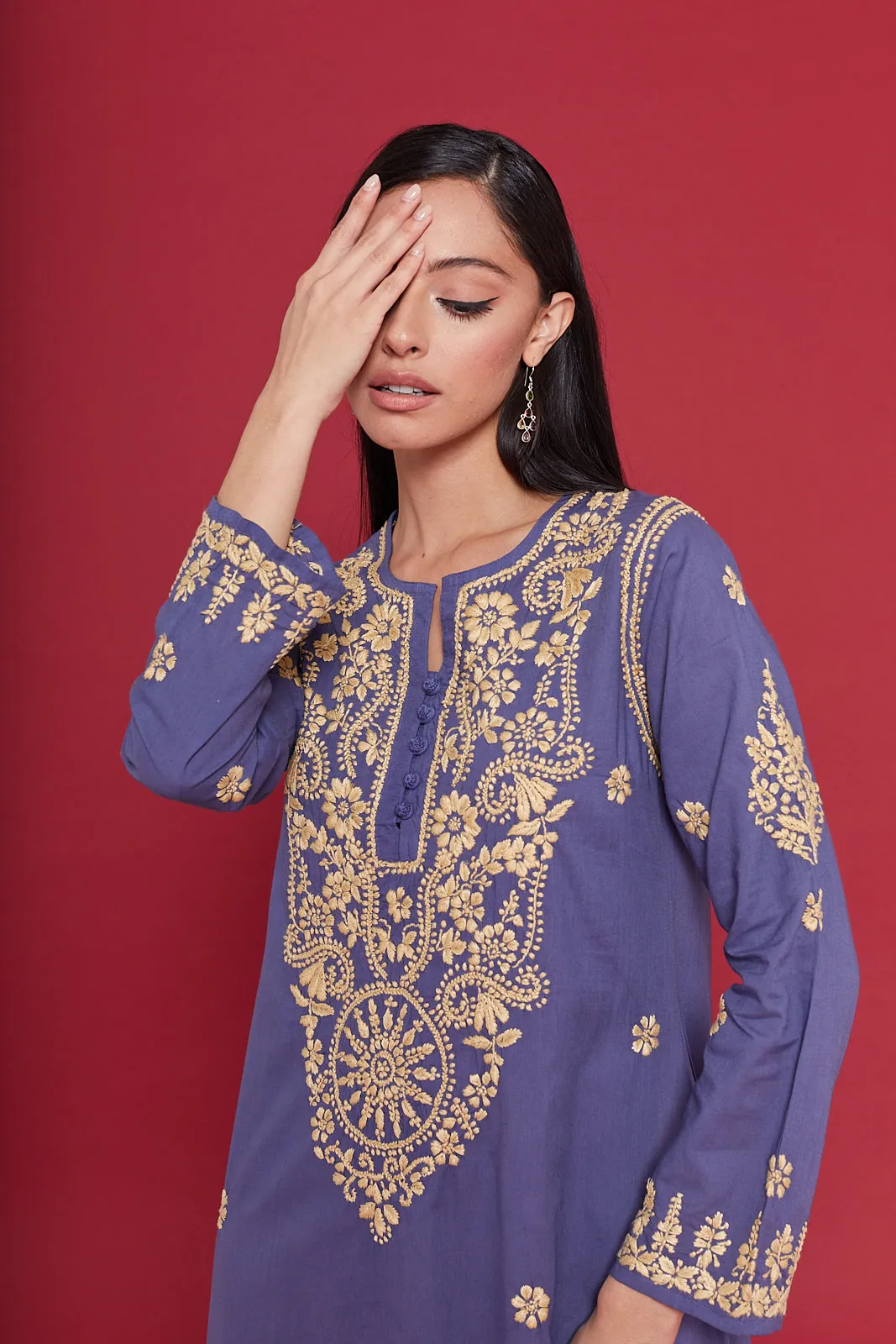 Embroidered Chikankari Kaftan in Bijou Blue