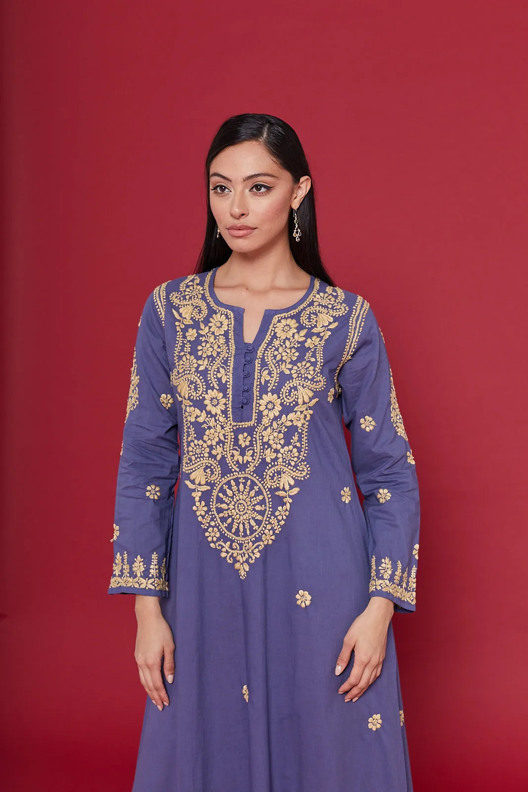 Embroidered Chikankari Kaftan in Bijou Blue