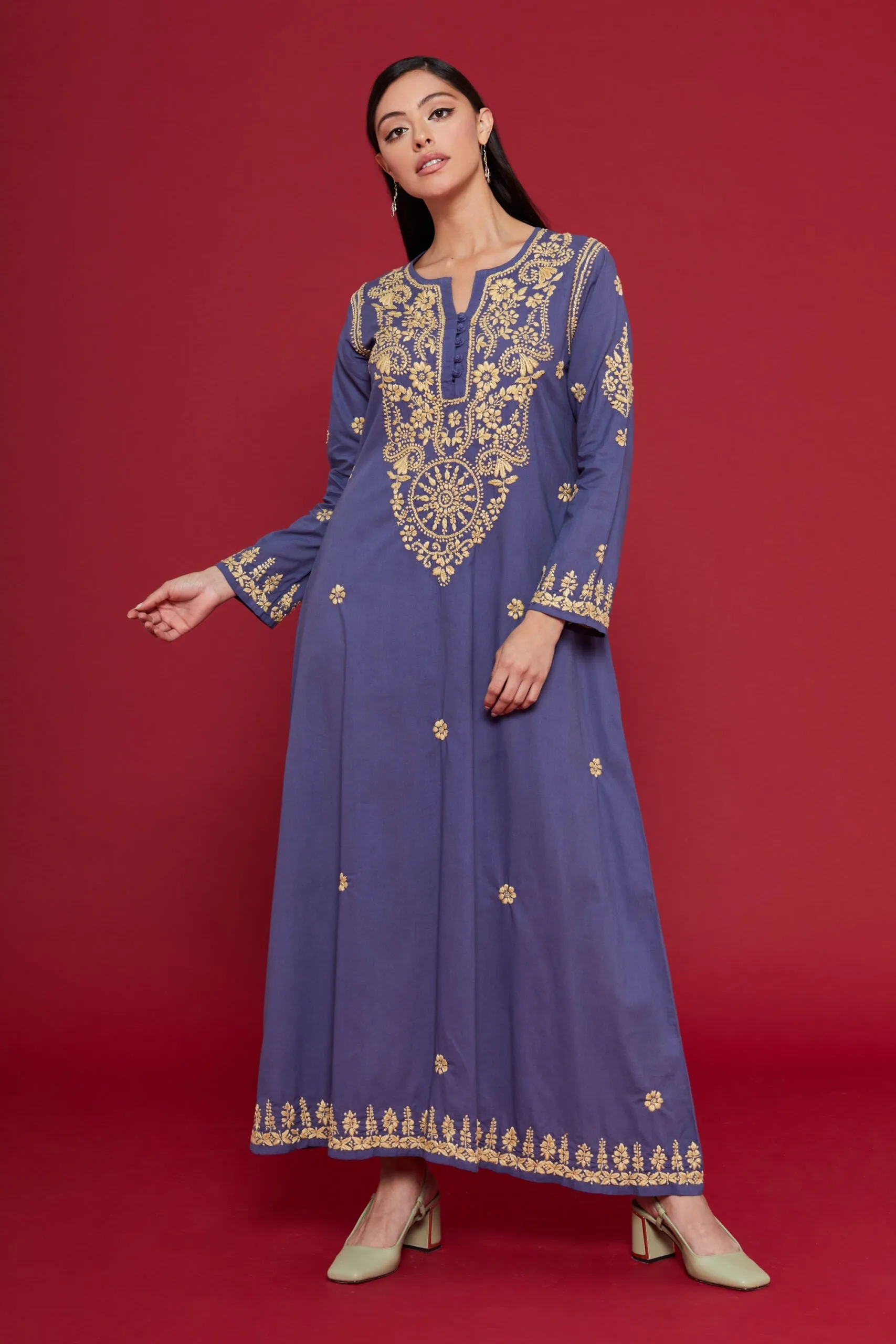 Embroidered Chikankari Kaftan in Bijou Blue