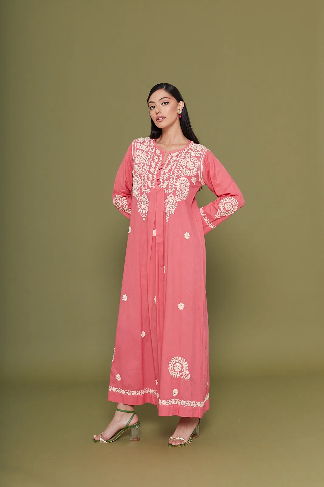 Embroidered Chikankari Kaftan in Carnation Pink