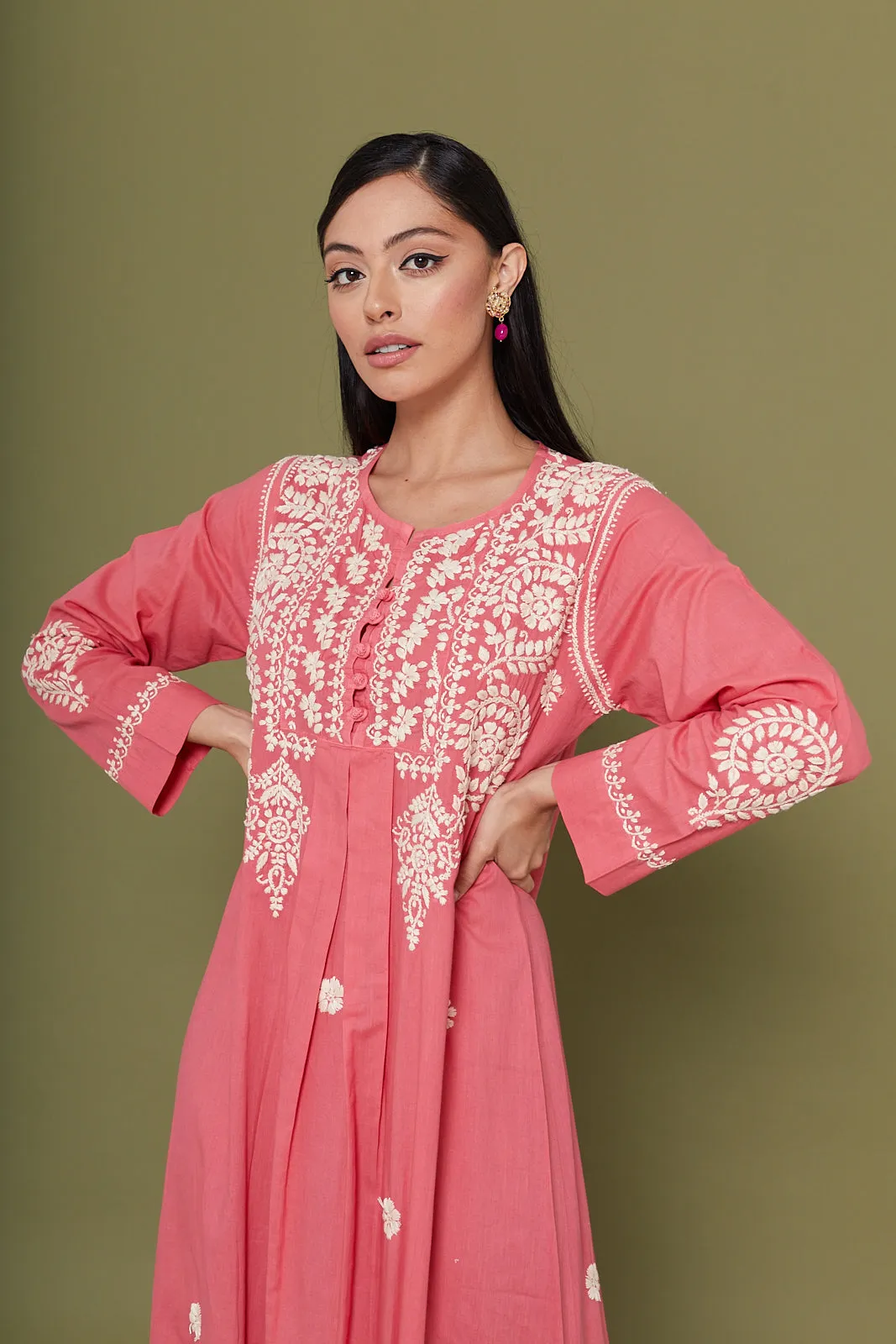 Embroidered Chikankari Kaftan in Carnation Pink