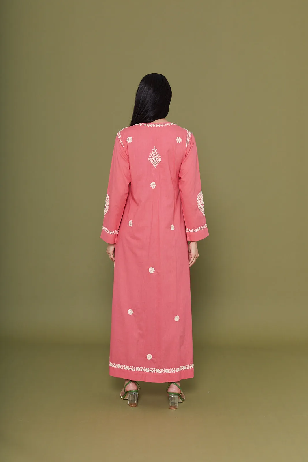 Embroidered Chikankari Kaftan in Carnation Pink