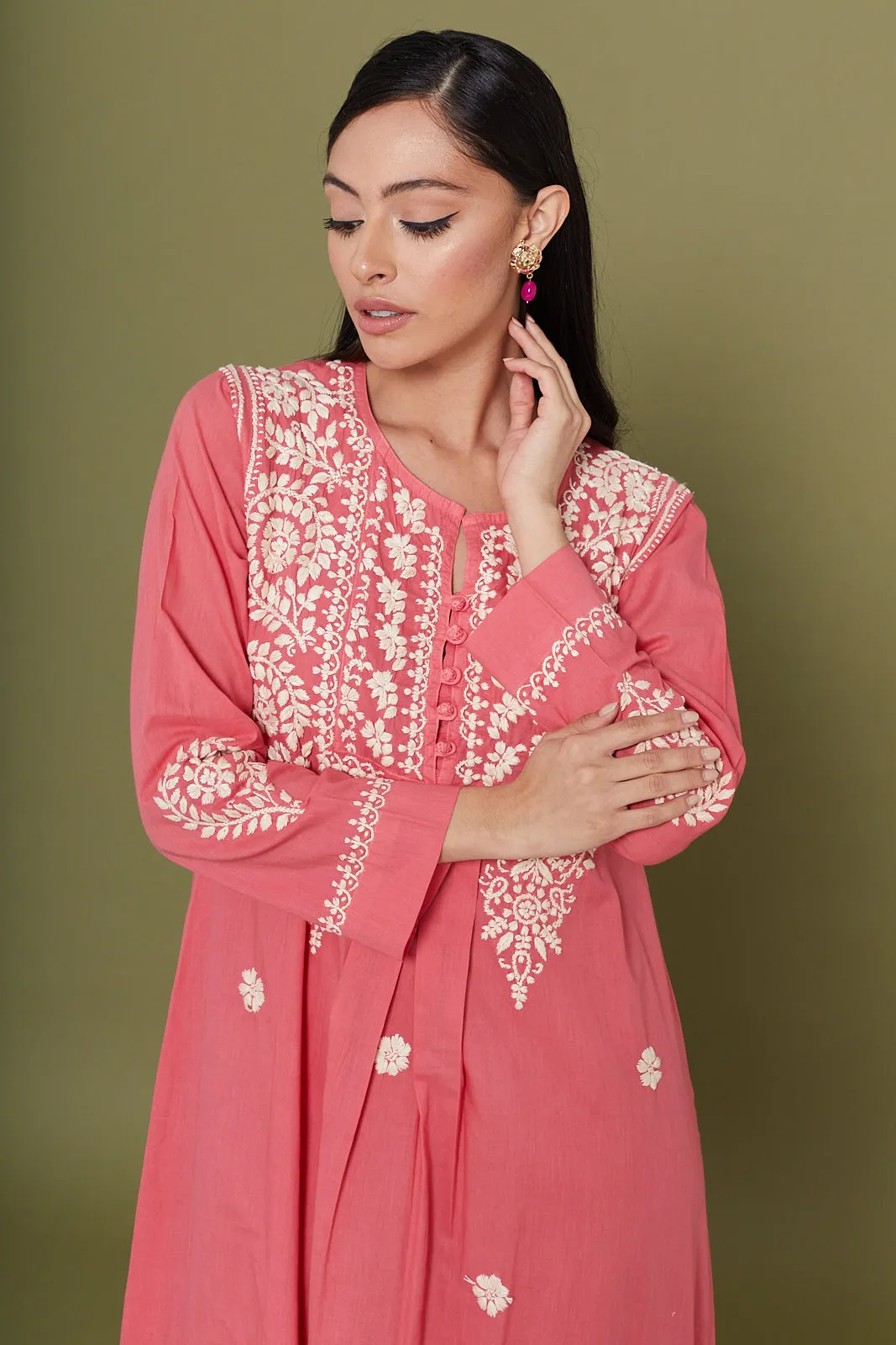 Embroidered Chikankari Kaftan in Carnation Pink