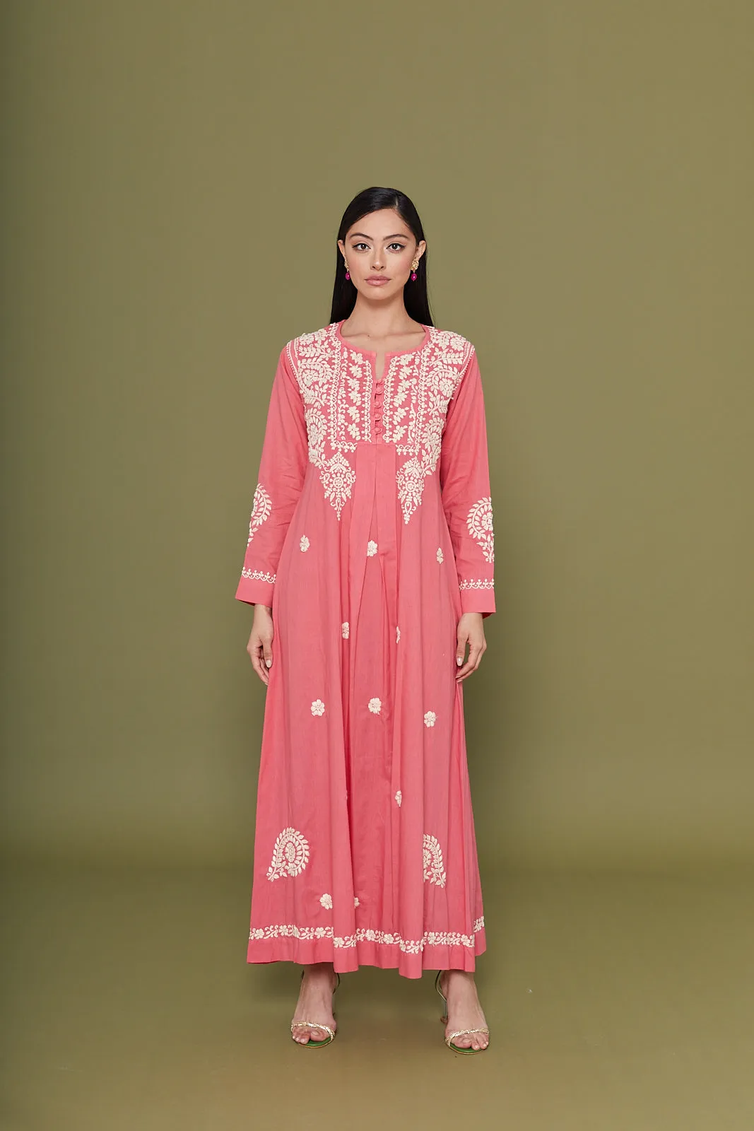 Embroidered Chikankari Kaftan in Carnation Pink