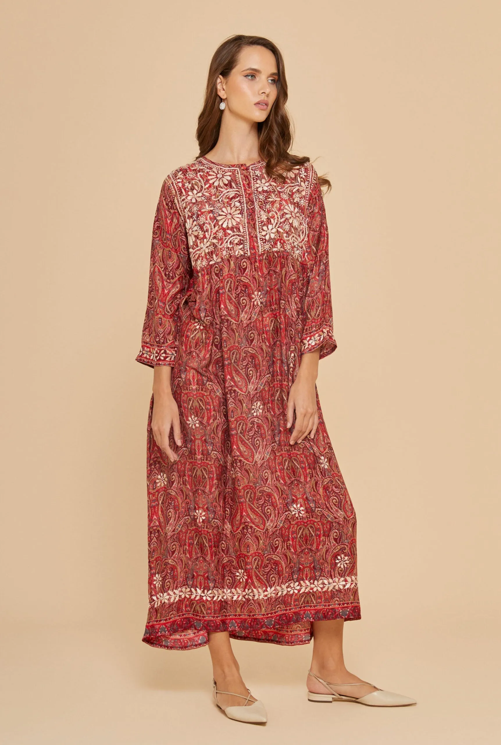 Embroidered Chikankari Kashmiri Red Kaftan