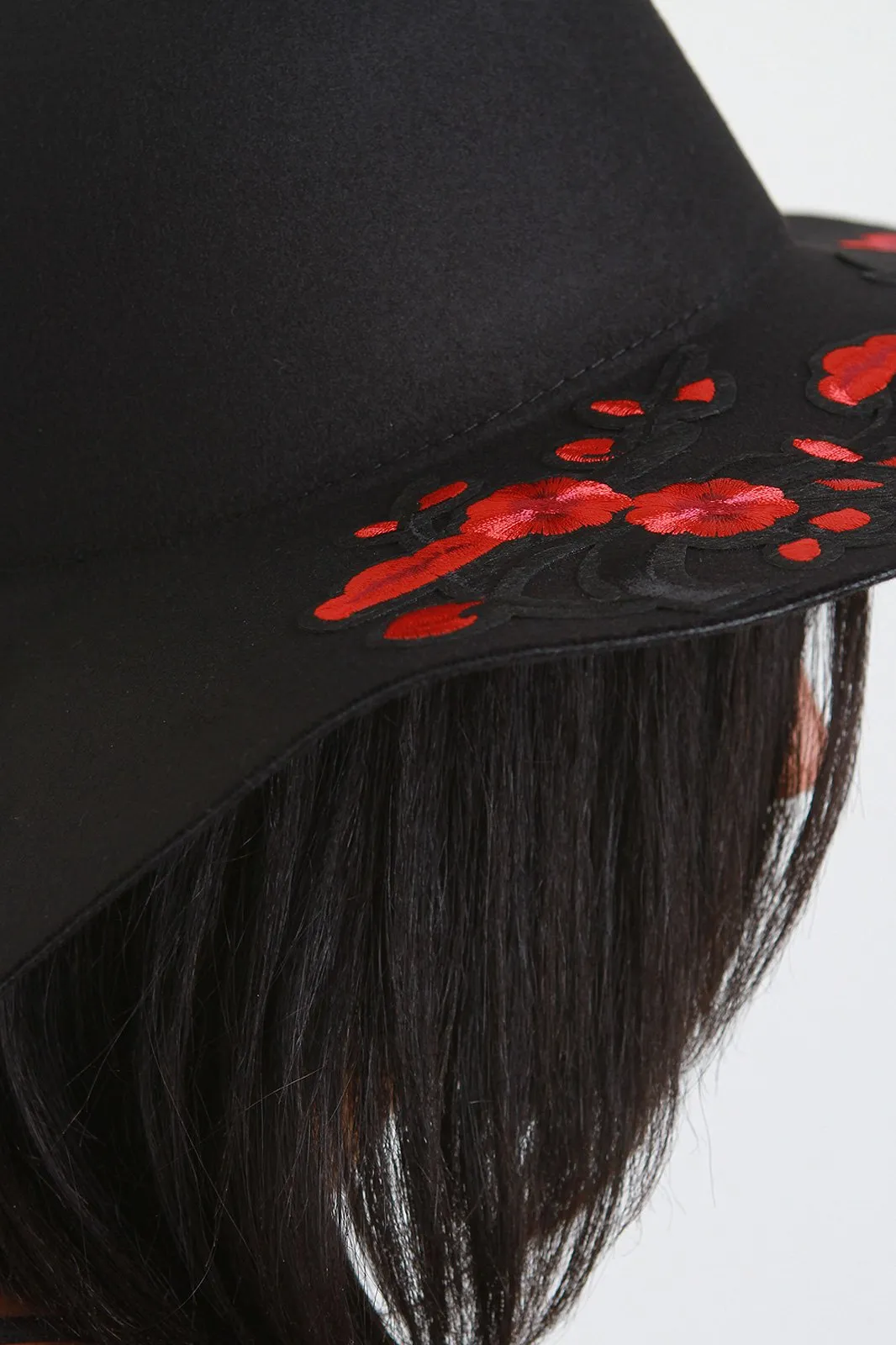 Embroidered Floral Accent Felt Floppy Hat