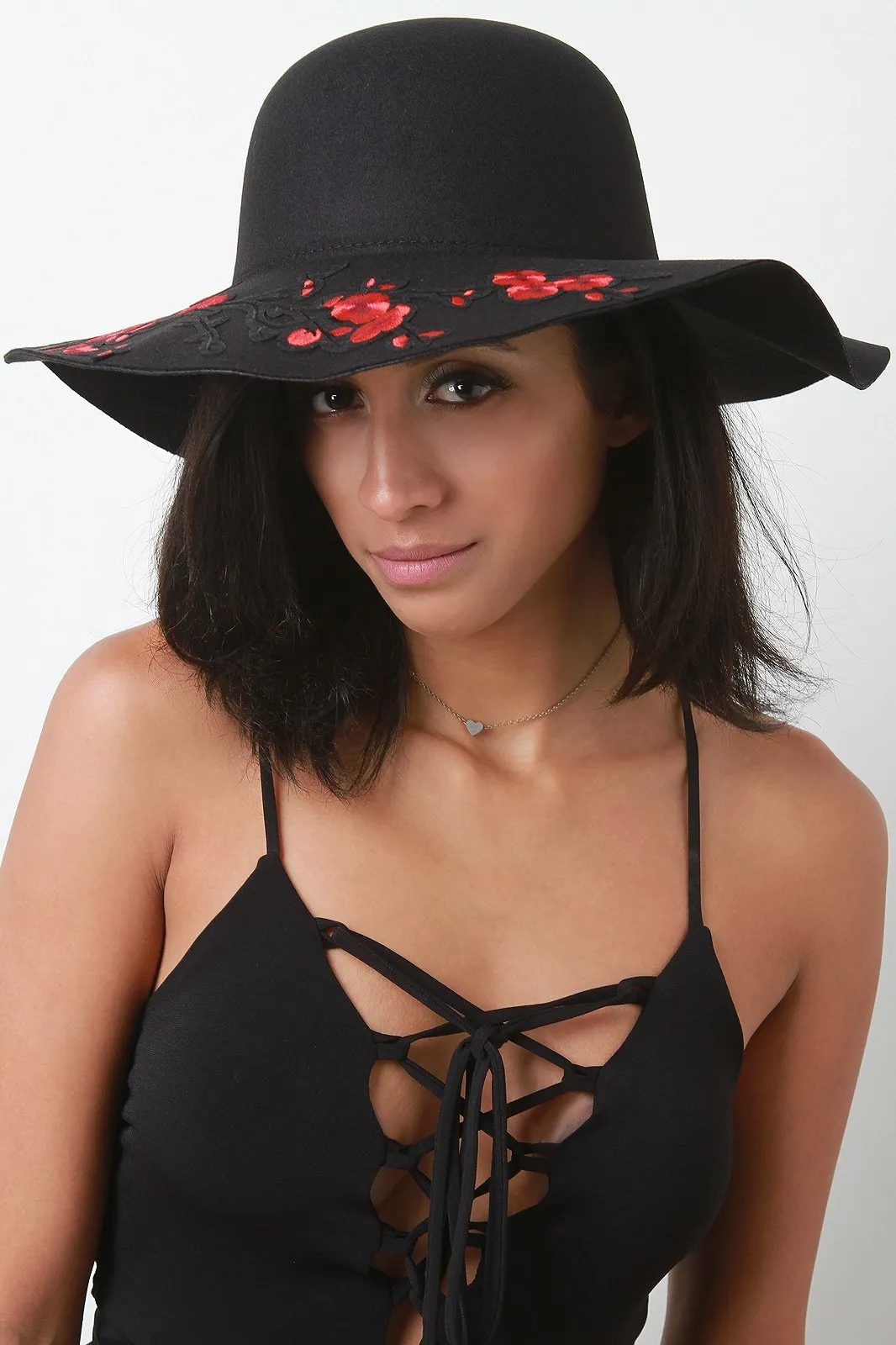 Embroidered Floral Accent Felt Floppy Hat