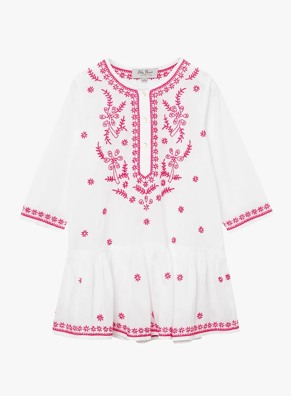 Embroidered Kaftan in White/Fuchsia