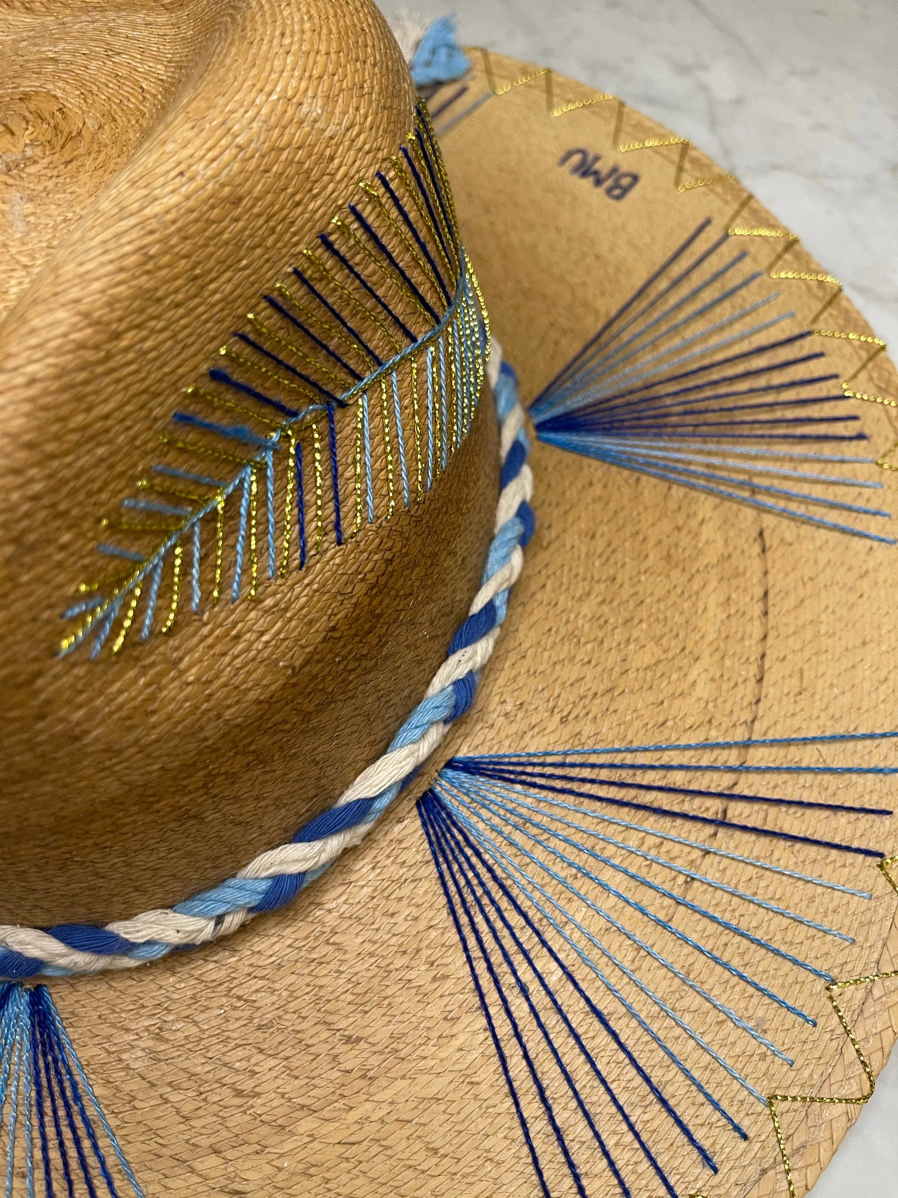 Exclusive Blue Feather, Natural Palm Hat by Corazon Playero