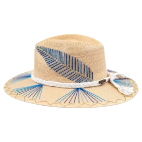 Exclusive Blue Feather, Natural Palm Hat by Corazon Playero