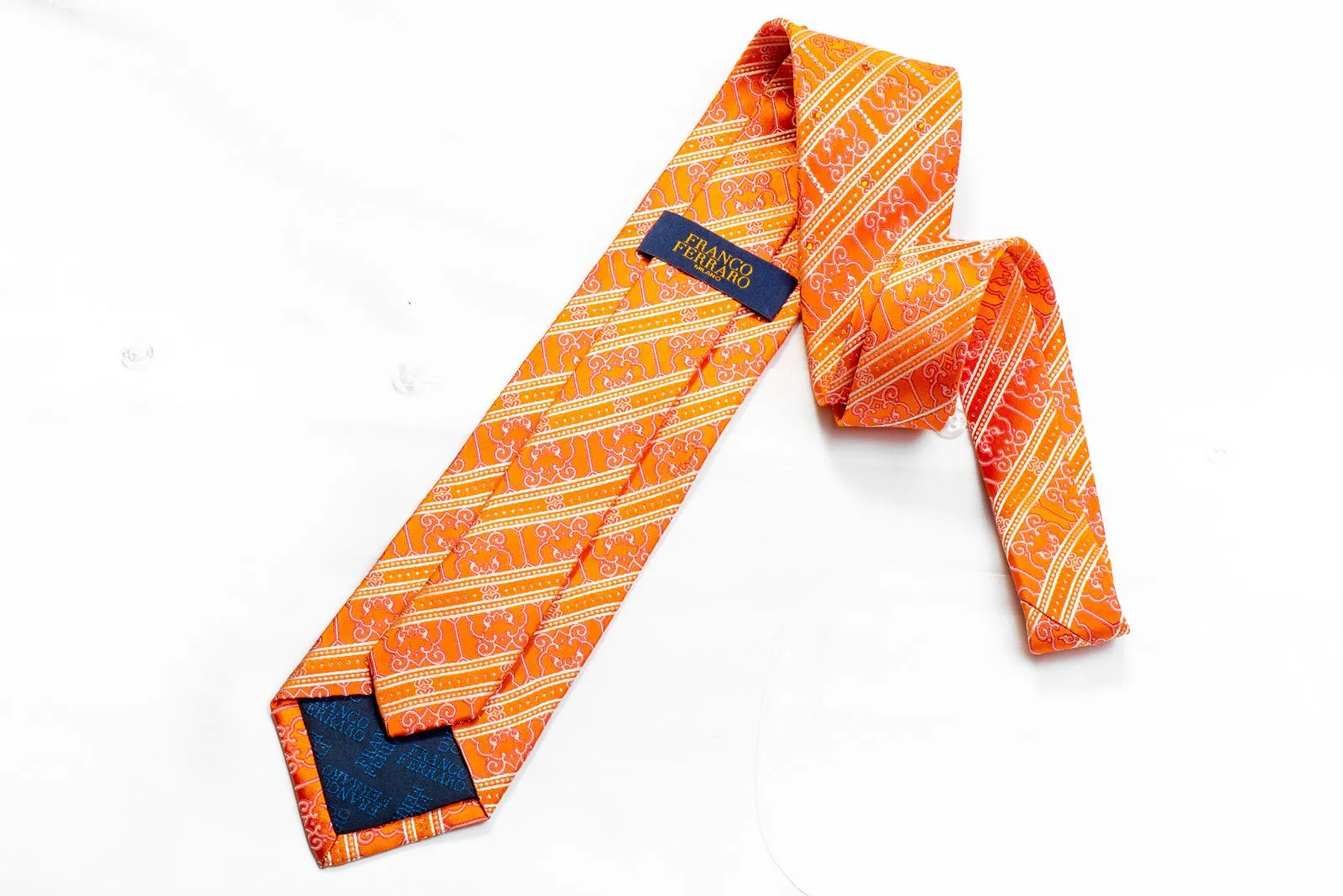 Franco Ferraro Rhinestone Necktie Striped & Cartouche On Orange With Sparkles