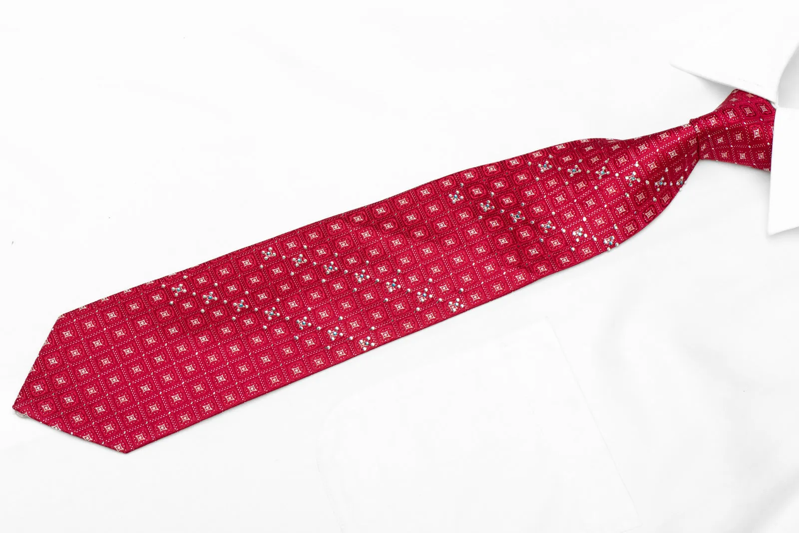 Geometric On Red Rhinestone Silk Necktie With Silver Sparkles