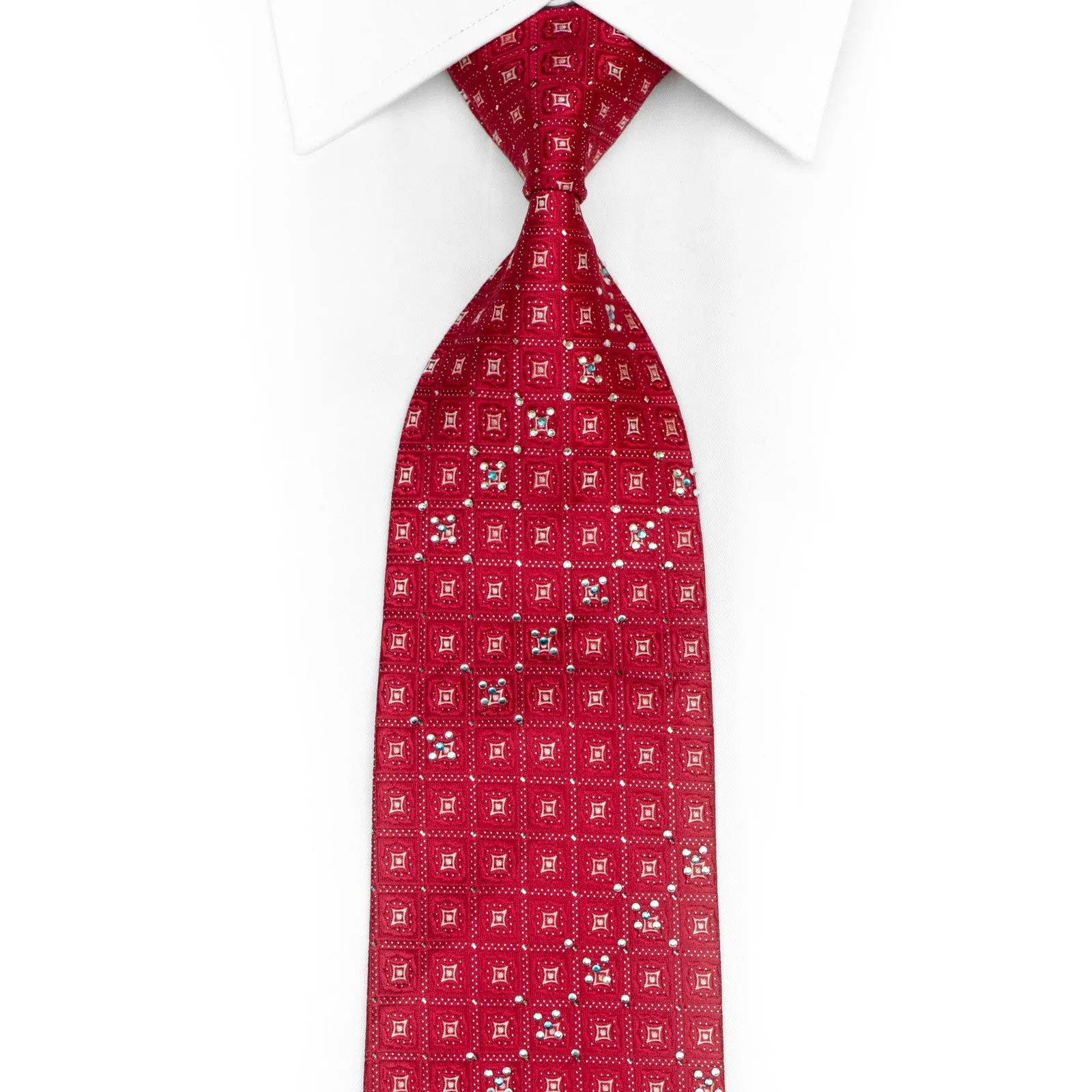 Geometric On Red Rhinestone Silk Necktie With Silver Sparkles