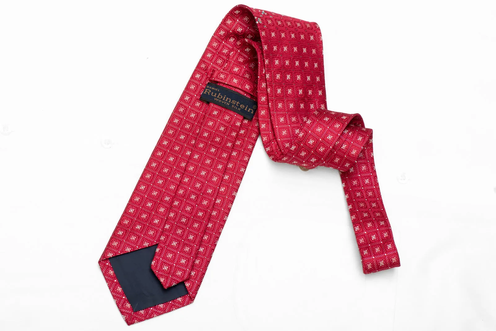 Geometric On Red Rhinestone Silk Necktie With Silver Sparkles