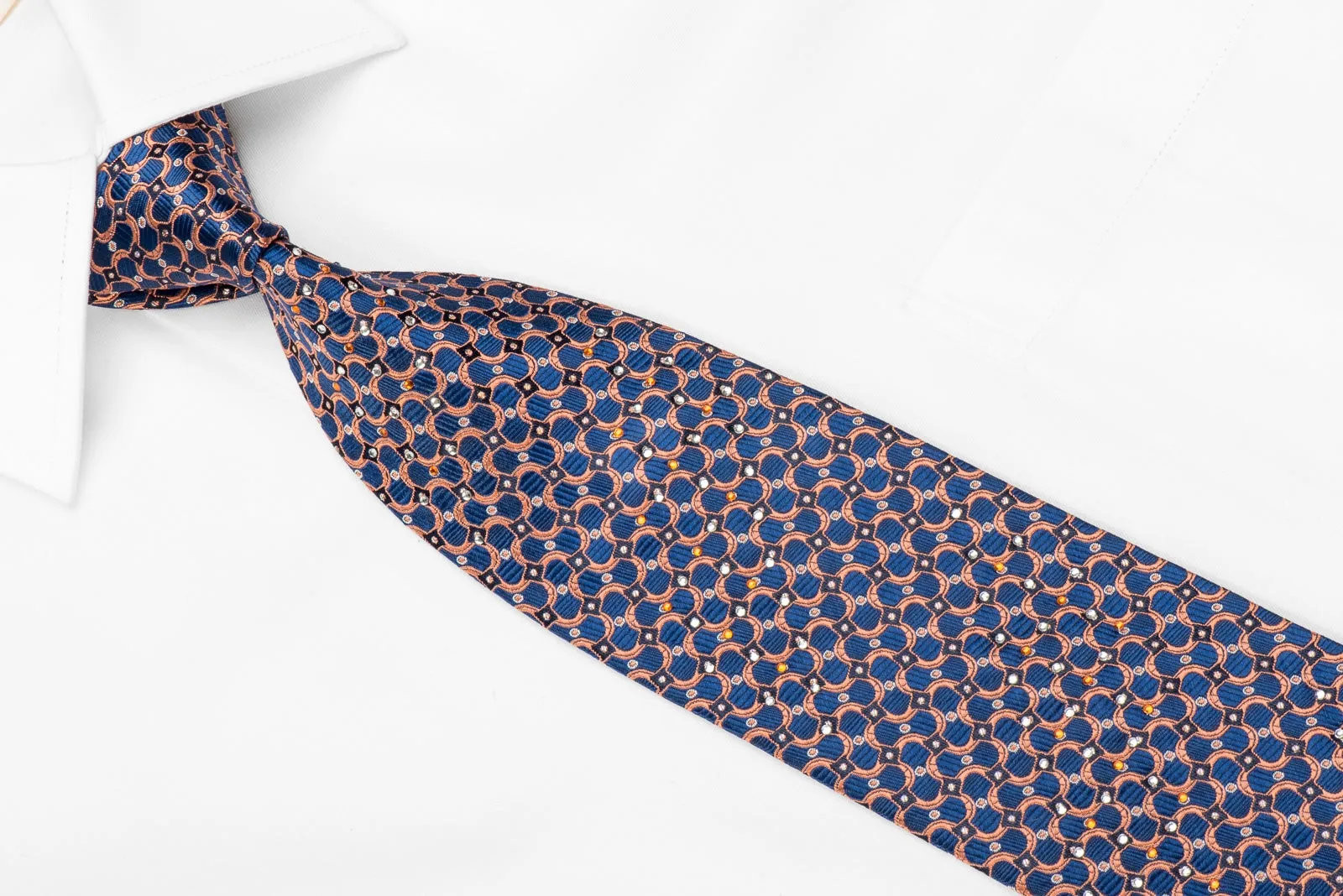 GGio Men's Crystal Silk Tie Orange Blue Geometric With Silver Sparkles